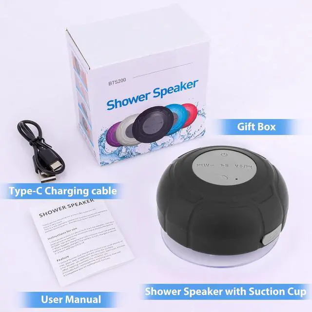 Alt view image 6 of 6 - Waterproof Bluetooth Shower Speaker Portable Wireless Water-Resistant Speaker Suction Cup,Built-in Mic Gifts for Kids Speakerphone for iPhone Phone Tablet Bathroom Kitchen - Black