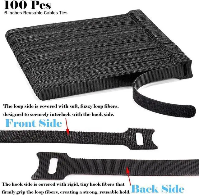 Alt view image 2 of 7 - 100PCS Hook and Loop Straps - 6 Inch Reusable Cable Ties | for Cable Management, Adjustable Cord Organizer Hook & Loop Straps for Home, Office and Data Centers, Black