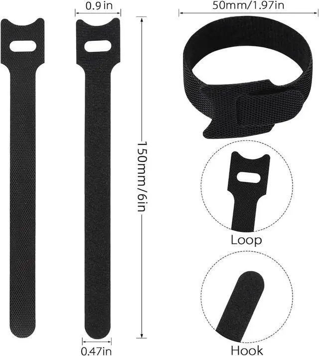 Alt view image 3 of 7 - 100PCS Hook and Loop Straps - 6 Inch Reusable Cable Ties | for Cable Management, Adjustable Cord Organizer Hook & Loop Straps for Home, Office and Data Centers, Black
