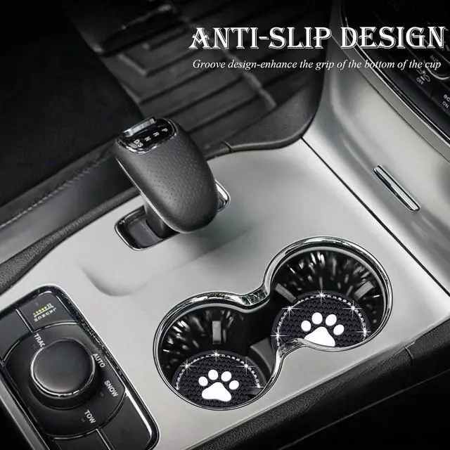 Alt view image 3 of 7 - 2PCS Bling Car Cup Holder Coaster, Universal Dog/Cat Paw Auto Non-Slip Crystal Rhinestone Cup Holder Coaster, 2.75In Universal Non-Slip Recessed Car Interior Accessories (Black & White)