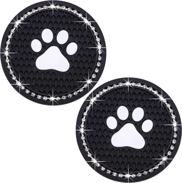 Main image of 2PCS Bling Car Cup Holder Coaster, Universal Dog/Cat Paw Auto Non-Slip Crystal Rhinestone Cup Holder Coaster, 2.75In Universal Non-Slip Recessed Car Interior Accessories (Black & White)