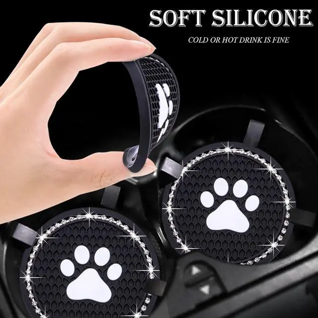 Alt view image 4 of 7 - 2PCS Bling Car Cup Holder Coaster, Universal Dog/Cat Paw Auto Non-Slip Crystal Rhinestone Cup Holder Coaster, 2.75In Universal Non-Slip Recessed Car Interior Accessories (Black & White)