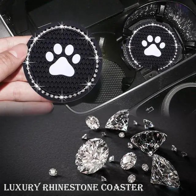 Alt view image 6 of 7 - 2PCS Bling Car Cup Holder Coaster, Universal Dog/Cat Paw Auto Non-Slip Crystal Rhinestone Cup Holder Coaster, 2.75In Universal Non-Slip Recessed Car Interior Accessories (Black & White)