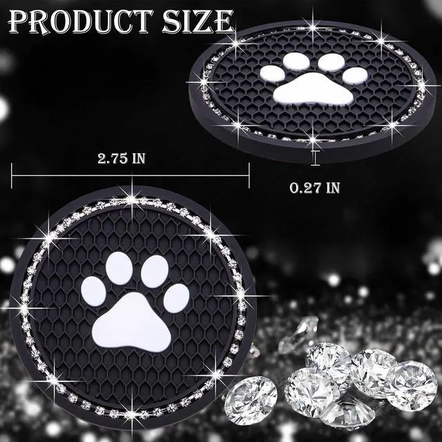 Alt view image 2 of 7 - 2PCS Bling Car Cup Holder Coaster, Universal Dog/Cat Paw Auto Non-Slip Crystal Rhinestone Cup Holder Coaster, 2.75In Universal Non-Slip Recessed Car Interior Accessories (Black & White)