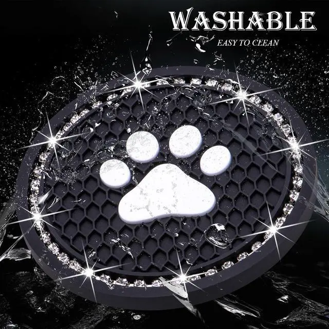 Alt view image 5 of 7 - 2PCS Bling Car Cup Holder Coaster, Universal Dog/Cat Paw Auto Non-Slip Crystal Rhinestone Cup Holder Coaster, 2.75In Universal Non-Slip Recessed Car Interior Accessories (Black & White)