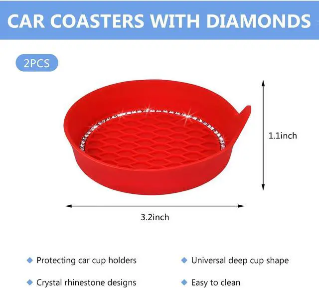 Alt view image 2 of 6 - 2 PCS Bling Car Cup Coaster, Crystal Rhinestone Cup Holder Insert for Car Interior Decoration, Non Slip Shockproof Silicon Sparkly Drink Met Universal for Most Vehicles (Red)