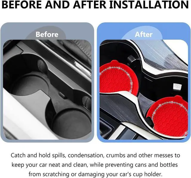Alt view image 4 of 6 - 2 PCS Bling Car Cup Coaster, Crystal Rhinestone Cup Holder Insert for Car Interior Decoration, Non Slip Shockproof Silicon Sparkly Drink Met Universal for Most Vehicles (Red)