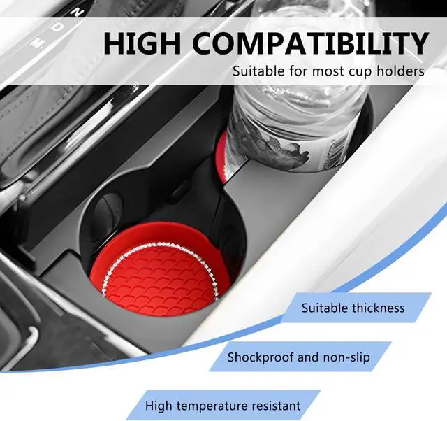 Alt view image 6 of 6 - 2 PCS Bling Car Cup Coaster, Crystal Rhinestone Cup Holder Insert for Car Interior Decoration, Non Slip Shockproof Silicon Sparkly Drink Met Universal for Most Vehicles (Red)