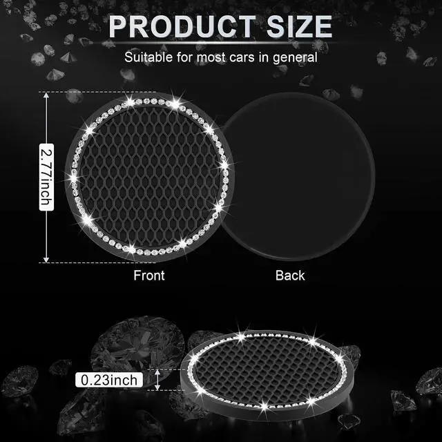 Alt view image 2 of 7 - JUSTTOP Car Cup Holder Coaster, Insert 2 Pack Universal Auto Anti Slip, Bling Crystal Rhinestone Car Interior Accessories-Black