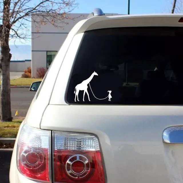 Main image of Girl Walking a Giraffe Vinyl Decal Sticker for Car, Truck, Van, SUV, Window, Door, Bumper (White F)