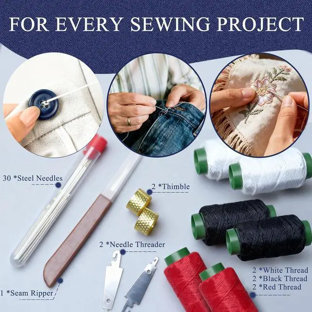 Alt view image 2 of 6 - 42PCS Big Eye Steel Sewing Needles Kit, Stainless Steel Needles for Hand Sewing Kit, Portable DIY Handcraft Set Include 30 Steel Needle, 6 Rolls of Thread, Seam Ripper, 2 Needle Threader, 2 Thimbles