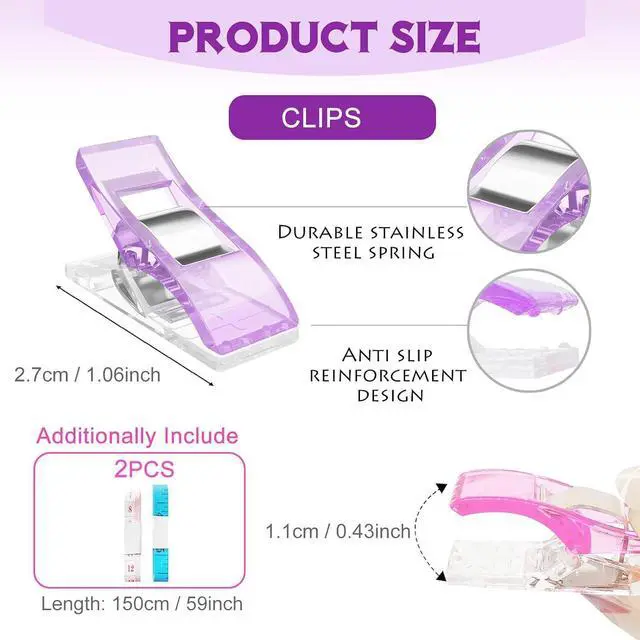 Alt view image 2 of 7 - Premium Plastic Clips, Multipurpose Sewing Clips Premium Quilting Clips Assorted Colors Fabric Clips for Sewing Supplies Quilting, Sewing Quilting Supplies, 50 Pcs Clips, Add Two Rulers