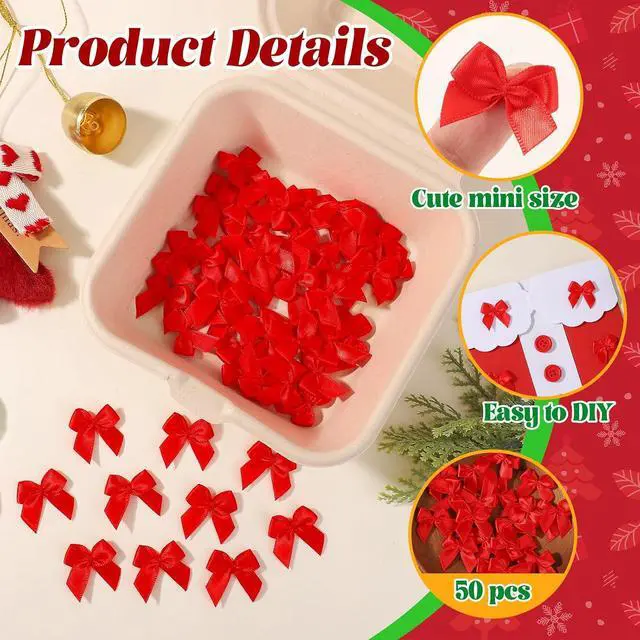 Alt view image 4 of 7 - yoyokid 1" Mini Red Bows for Crafts, 50 Pcs | Small Tiny Satin Crafts Bows Decoration for DIY Cheer Pins Clothespins, Balloon Cake Wedding Gifts Decor