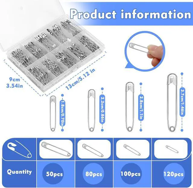 Alt view image 2 of 7 - Mnuizu 350 Pcs Safety Pins, 4 Sizes Heavy Duty Safety Pins for Clothes | Nickel Plated Steel Pins Bulk, Sharp Point Large Safety Pins for Clothes, Sewing, Craft, Quilting
