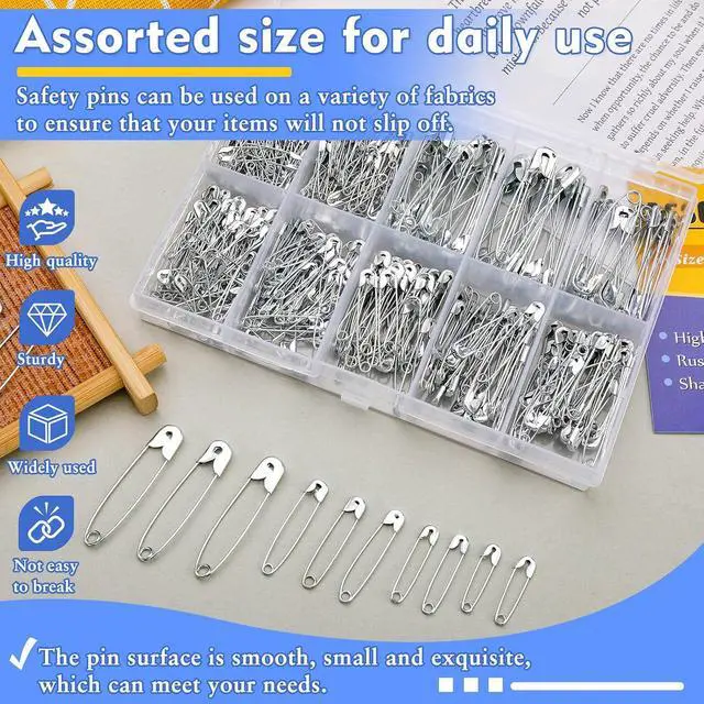Alt view image 4 of 7 - Mnuizu 350 Pcs Safety Pins, 4 Sizes Heavy Duty Safety Pins for Clothes | Nickel Plated Steel Pins Bulk, Sharp Point Large Safety Pins for Clothes, Sewing, Craft, Quilting