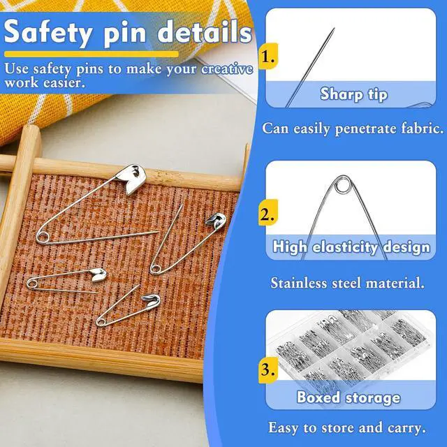 Alt view image 3 of 7 - Mnuizu 350 Pcs Safety Pins, 4 Sizes Heavy Duty Safety Pins for Clothes | Nickel Plated Steel Pins Bulk, Sharp Point Large Safety Pins for Clothes, Sewing, Craft, Quilting