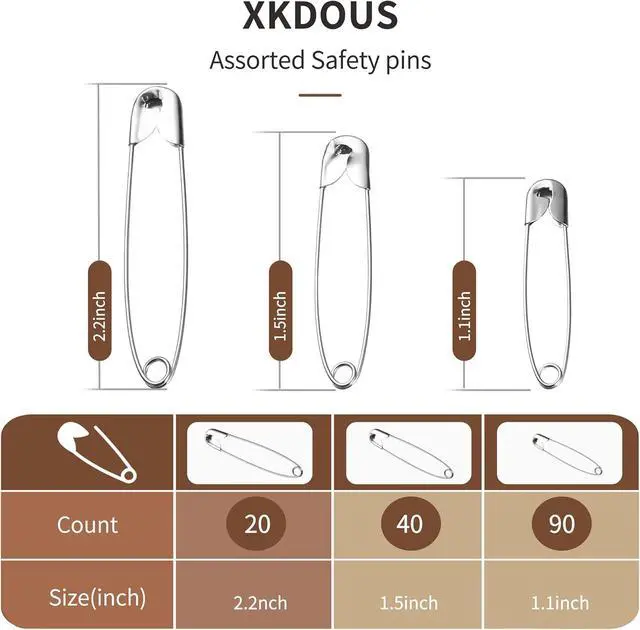 Alt view image 2 of 7 - XKDOUS 150 Pack Safety Pins for Clothes 3 Universal Assorted Sizes, Sliver | Small & Large Safety Pin, Strong Heavy Duty Sharp Edge Pins Bulk, Fasteners for Clothing, Sewing, Crafting