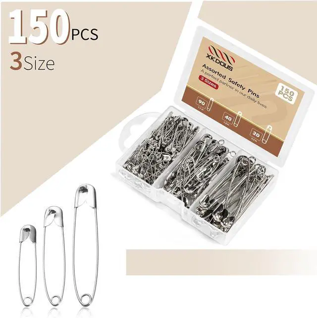 Alt view image 3 of 7 - XKDOUS 150 Pack Safety Pins for Clothes 3 Universal Assorted Sizes, Sliver | Small & Large Safety Pin, Strong Heavy Duty Sharp Edge Pins Bulk, Fasteners for Clothing, Sewing, Crafting