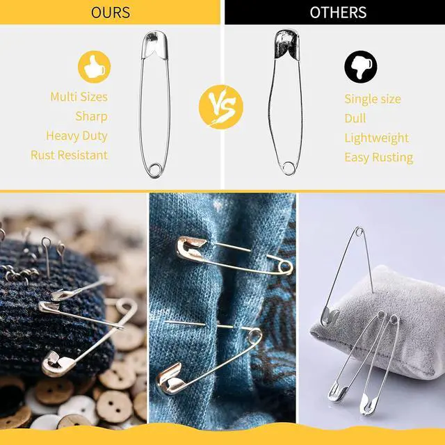 Alt view image 5 of 7 - XKDOUS 150 Pack Safety Pins for Clothes 3 Universal Assorted Sizes, Sliver | Small & Large Safety Pin, Strong Heavy Duty Sharp Edge Pins Bulk, Fasteners for Clothing, Sewing, Crafting