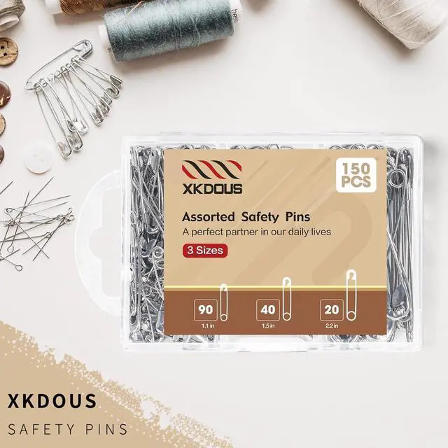 Alt view image 7 of 7 - XKDOUS 150 Pack Safety Pins for Clothes 3 Universal Assorted Sizes, Sliver | Small & Large Safety Pin, Strong Heavy Duty Sharp Edge Pins Bulk, Fasteners for Clothing, Sewing, Crafting