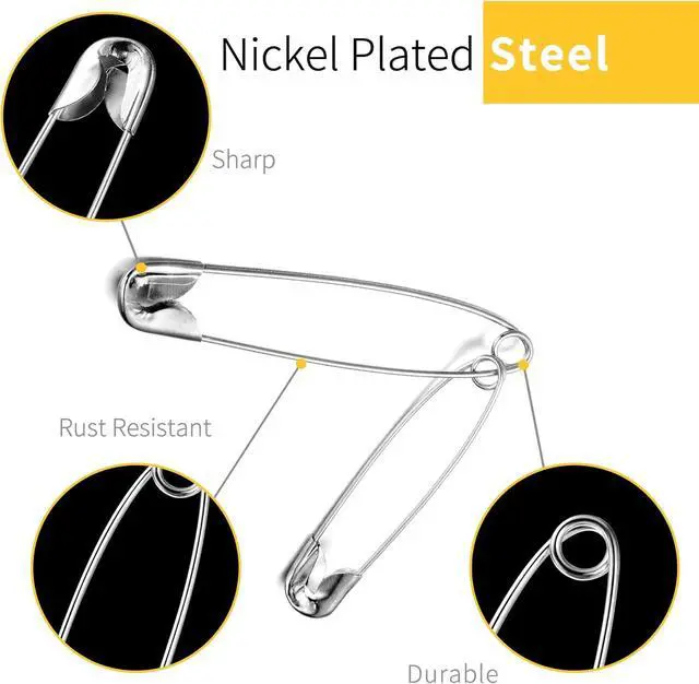 Alt view image 4 of 7 - XKDOUS 150 Pack Safety Pins for Clothes 3 Universal Assorted Sizes, Sliver | Small & Large Safety Pin, Strong Heavy Duty Sharp Edge Pins Bulk, Fasteners for Clothing, Sewing, Crafting