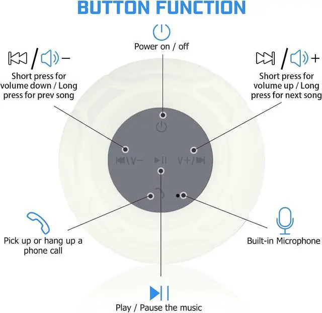 Alt view image 4 of 6 - Waterproof Bluetooth Shower Speaker Portable Wireless Water-Resistant Speaker Suction Cup,Built-in Mic Gifts for Kids Speakerphone for iPhone Phone Tablet Bathroom Kitchen - White