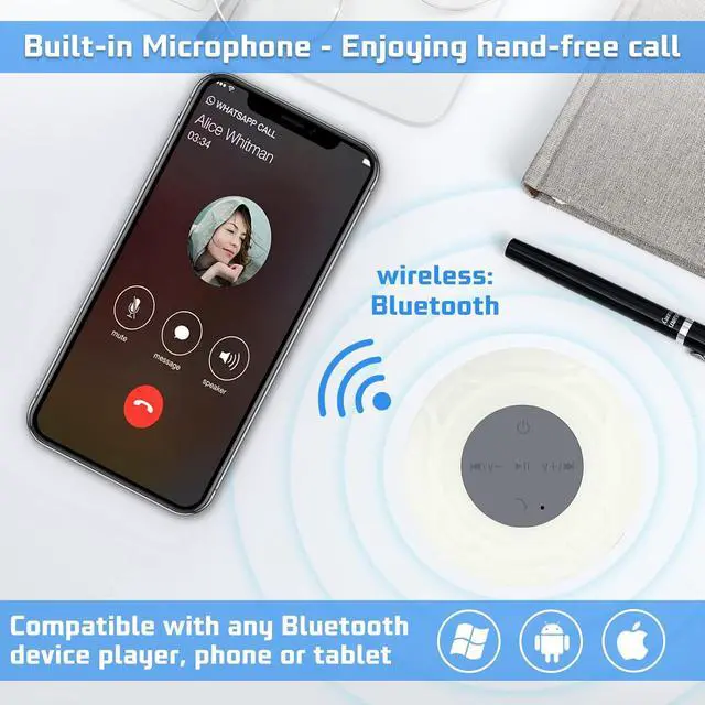 Alt view image 3 of 6 - Waterproof Bluetooth Shower Speaker Portable Wireless Water-Resistant Speaker Suction Cup,Built-in Mic Gifts for Kids Speakerphone for iPhone Phone Tablet Bathroom Kitchen - White