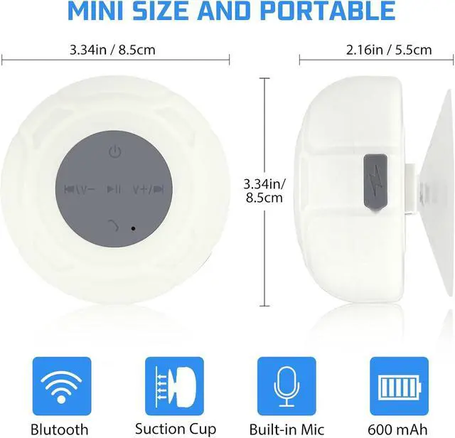 Alt view image 5 of 6 - Waterproof Bluetooth Shower Speaker Portable Wireless Water-Resistant Speaker Suction Cup,Built-in Mic Gifts for Kids Speakerphone for iPhone Phone Tablet Bathroom Kitchen - White