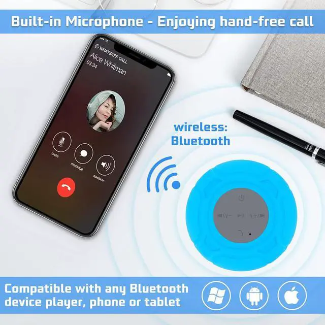 Alt view image 3 of 6 - Waterproof Bluetooth Shower Speaker Portable Wireless Water-Resistant Speaker Suction Cup,Built-in Mic Gifts for Kids Speakerphone for iPhone Phone Tablet Bathroom Kitchen - Blue