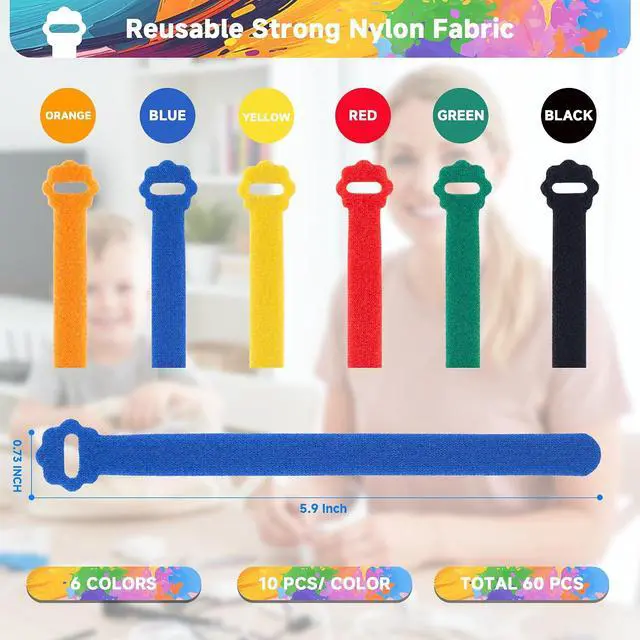 Alt view image 4 of 7 - Velcro Cable Ties 60PCS 6Inch Reusable Cord Ties Adjustable Cable Organizer | Reusable Nylon, Adjustable Hook and Loop, Strong Hold for Cable Organization, Home Office, Travel and Daily Storage