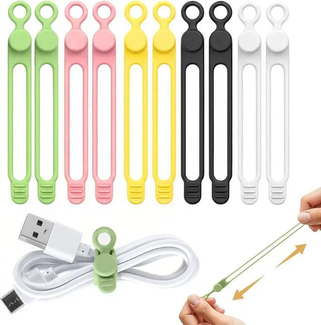 Main image of 10 Pcs Silicone Cable Ties, Reusable Data Cable Organizer for Home Office | High Elastic, Multipurpose, Cable Management for Charging Cord, Electronics, Computer, Appliances, Travel Essentials
