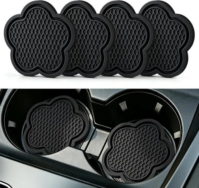 Main image of GaRhomxy Car Cup Holder Coaster, Universal Non-Slip Recessed Flower Shaped Cup Holders, Cute Car Accessories Interior for Women and Man Interior Sets 4 Pack (Black)