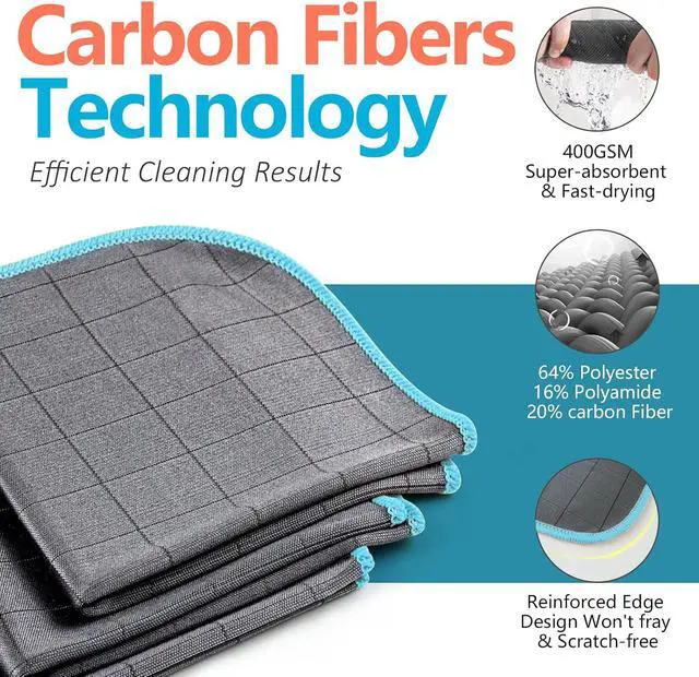 Alt view image 2 of 5 - Carbon Microfiber Towels for Car Glass Window Polishing, Grey-Light Blue | Carbon Fiber Cleaning Cloth Detailing Cars Wash Drying Lint Free, Streak Free, 12 x 12 Inch, Pack of 3
