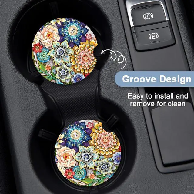 Alt view image 5 of 7 - Car Coaster for Cup Holders, 2 Pack Ceramic Car Cup Holder Coaster | 2 Pack Absorbent Ceramic Car Cup Holder Coaster, Cute Auto Assecories, Universal Size 2.56 in with Finger Notch & Cork Base