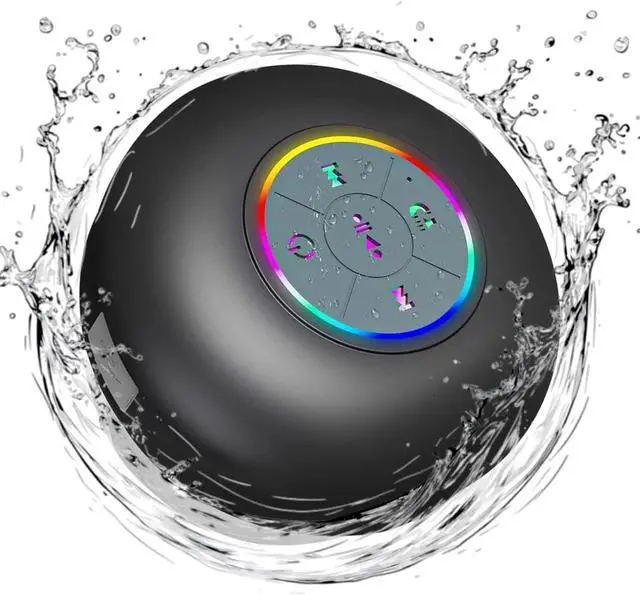 Main image of Bluetooth Shower Speaker with LED, Portable Wireless Mini Speaker (Black) | Built-In Mic, Suction Cup, IPX4 Water Resistant, Shower, Travel, Pool, River Floating & Outdoor Fun