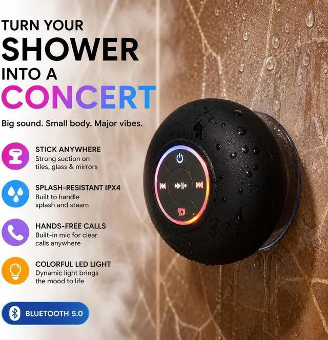 Alt view image 2 of 7 - Bluetooth Shower Speaker with LED, Portable Wireless Mini Speaker (Black) | Built-In Mic, Suction Cup, IPX4 Water Resistant, Shower, Travel, Pool, River Floating & Outdoor Fun