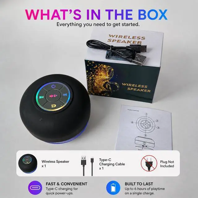 Alt view image 3 of 7 - Bluetooth Shower Speaker with LED, Portable Wireless Mini Speaker (Black) | Built-In Mic, Suction Cup, IPX4 Water Resistant, Shower, Travel, Pool, River Floating & Outdoor Fun