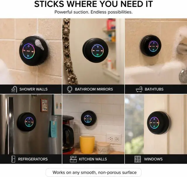 Alt view image 4 of 7 - Bluetooth Shower Speaker with LED, Portable Wireless Mini Speaker (Black) | Built-In Mic, Suction Cup, IPX4 Water Resistant, Shower, Travel, Pool, River Floating & Outdoor Fun