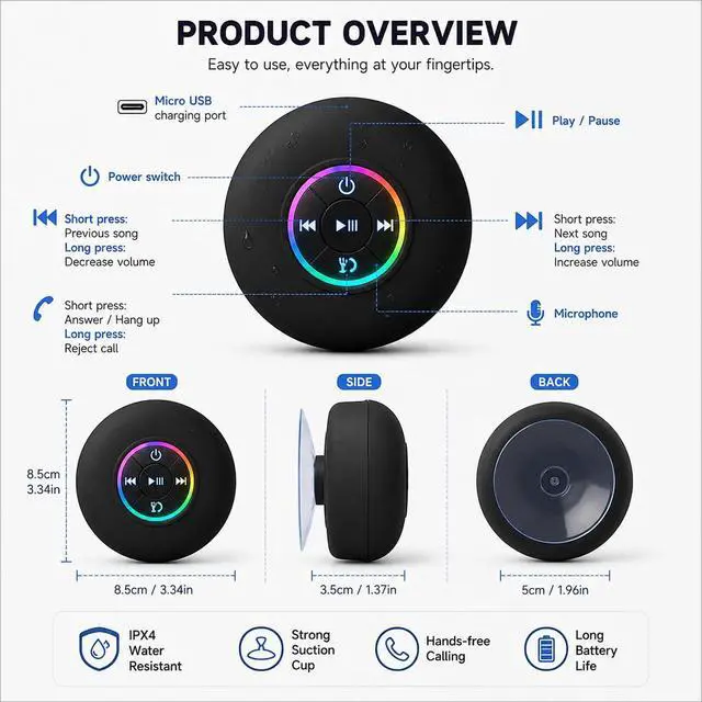 Alt view image 5 of 7 - Bluetooth Shower Speaker with LED, Portable Wireless Mini Speaker (Black) | Built-In Mic, Suction Cup, IPX4 Water Resistant, Shower, Travel, Pool, River Floating & Outdoor Fun