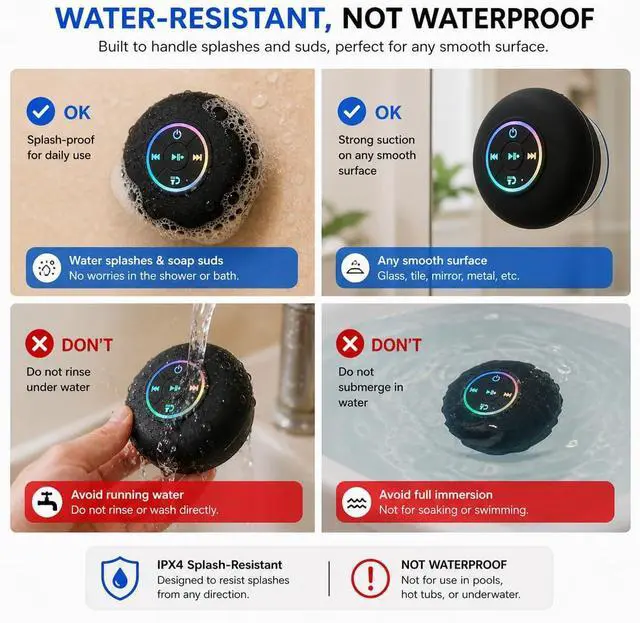Alt view image 6 of 7 - Bluetooth Shower Speaker with LED, Portable Wireless Mini Speaker (Black) | Built-In Mic, Suction Cup, IPX4 Water Resistant, Shower, Travel, Pool, River Floating & Outdoor Fun