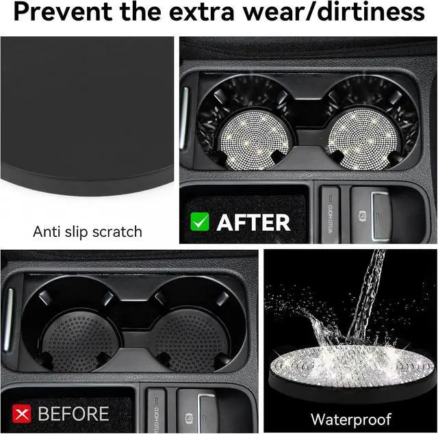 Alt view image 6 of 7 - SINGARO Bling Cup Holder Coasters for Car, 2PCS Universal Non-Slip Cup Holder, Embedded Decorative Coasters, Shiny Crystal Car Interior Accessories Gifts for Women (White)
