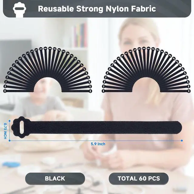 Alt view image 4 of 7 - Velcro Cable Ties 60PCS 6Inch Reusable Cord Ties Adjustable Cable Organizer | Reusable Nylon, Adjustable Hook and Loop, Strong Hold for Cable Organization, Home Office, Travel and Daily Storage