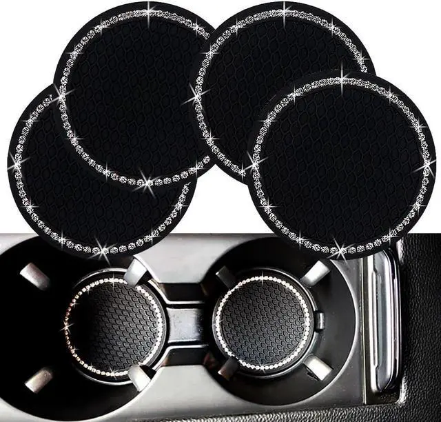 Main image of Bling Car Cup Coaster, 2.75 Inch Anti Slip Shockproof Embedded Drink Mat, Dustproof Automotive Interior Accessories Mat, Universal for Vehicles, Trucks, RVs and More (Black 4 PCS)
