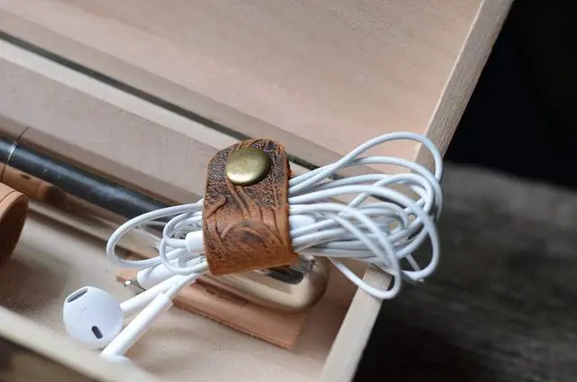 Alt view image 3 of 7 - Handmade Genuine Leather Earbud Headphones Cord Wrap Organizer Straps Cable Clips Holder Rustic Headset Management System Winder Winder brown