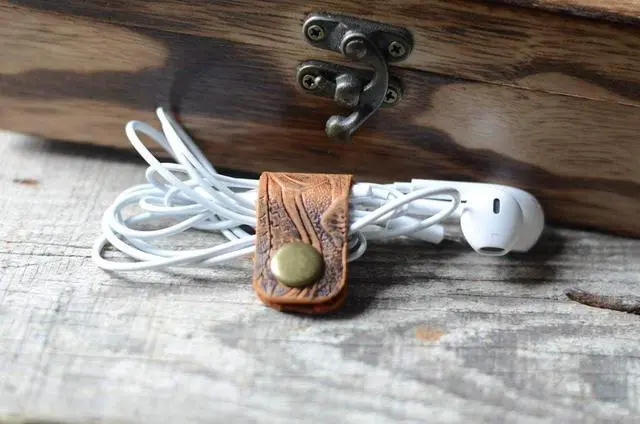 Alt view image 4 of 7 - Handmade Genuine Leather Earbud Headphones Cord Wrap Organizer Straps Cable Clips Holder Rustic Headset Management System Winder Winder brown