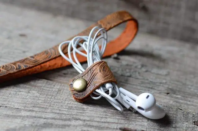 Alt view image 5 of 7 - Handmade Genuine Leather Earbud Headphones Cord Wrap Organizer Straps Cable Clips Holder Rustic Headset Management System Winder Winder brown