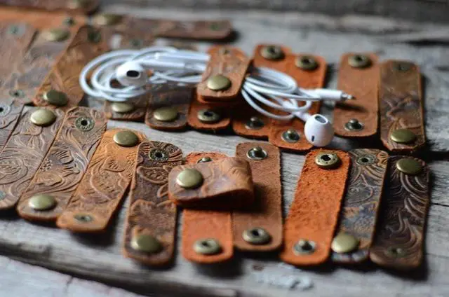Alt view image 7 of 7 - Handmade Genuine Leather Earbud Headphones Cord Wrap Organizer Straps Cable Clips Holder Rustic Headset Management System Winder Winder brown
