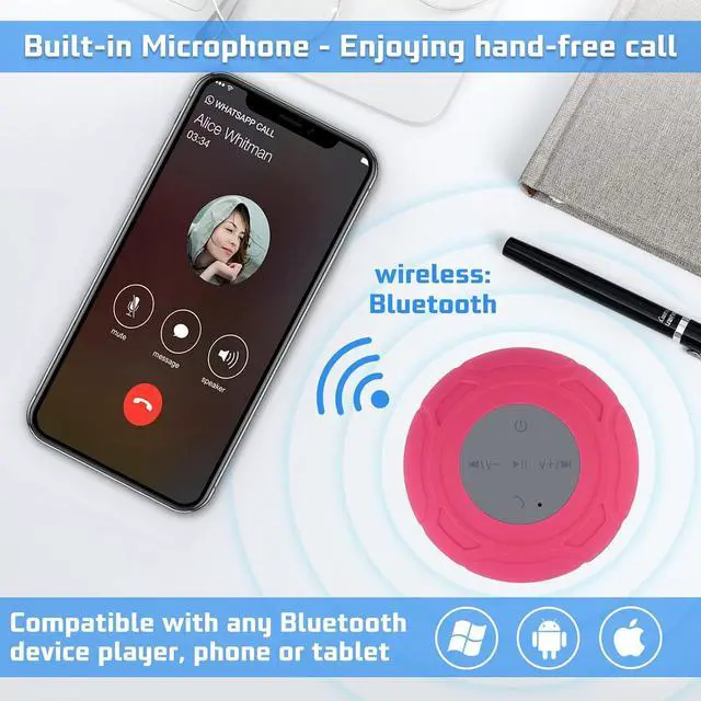 Alt view image 3 of 6 - Waterproof Bluetooth Shower Speaker Portable Wireless Water-Resistant Speaker Suction Cup,Built-in Mic Gifts for Kids Speakerphone for iPhone Phone Tablet Bathroom Kitchen - Pink