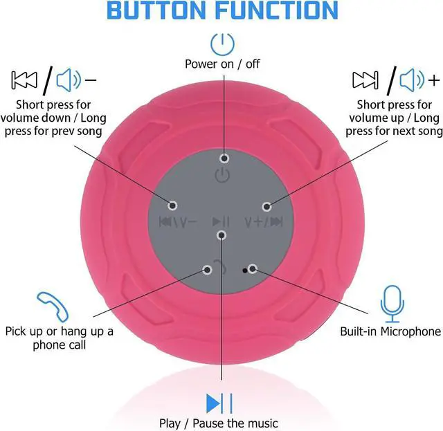 Alt view image 4 of 6 - Waterproof Bluetooth Shower Speaker Portable Wireless Water-Resistant Speaker Suction Cup,Built-in Mic Gifts for Kids Speakerphone for iPhone Phone Tablet Bathroom Kitchen - Pink