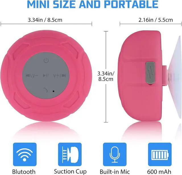 Alt view image 5 of 6 - Waterproof Bluetooth Shower Speaker Portable Wireless Water-Resistant Speaker Suction Cup,Built-in Mic Gifts for Kids Speakerphone for iPhone Phone Tablet Bathroom Kitchen - Pink